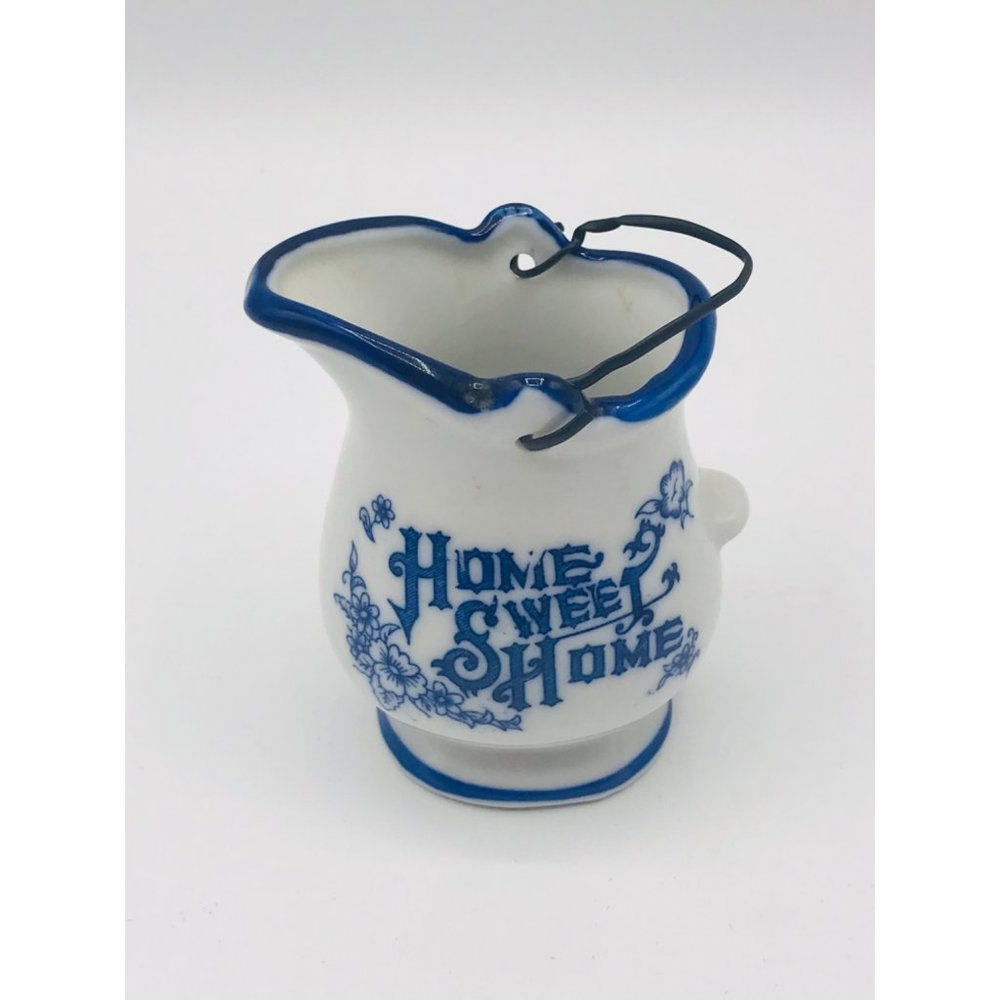 Vintage Home Sweet Home delft blue and white ceramic mini pitcher with handle.